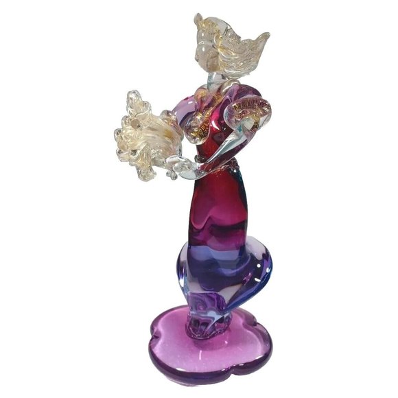 Vintage XL Murano Glass Woman Flower Bouquet Figurine Green Purple Pink 24k Gold - Picture 8 of 14
